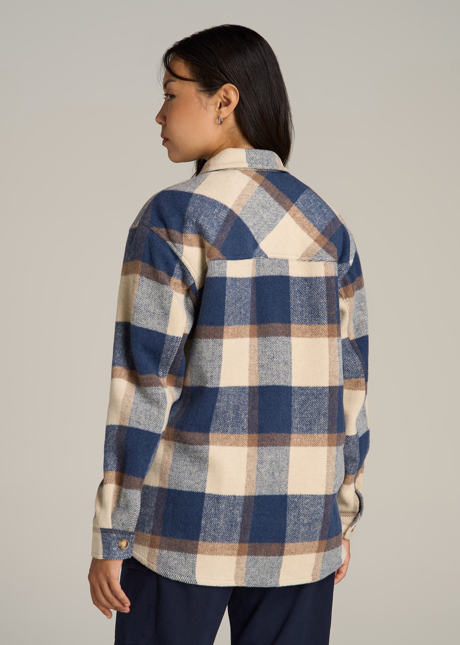 Flannel Shacket for Tall Women in Cream and Denim Blue Plaid