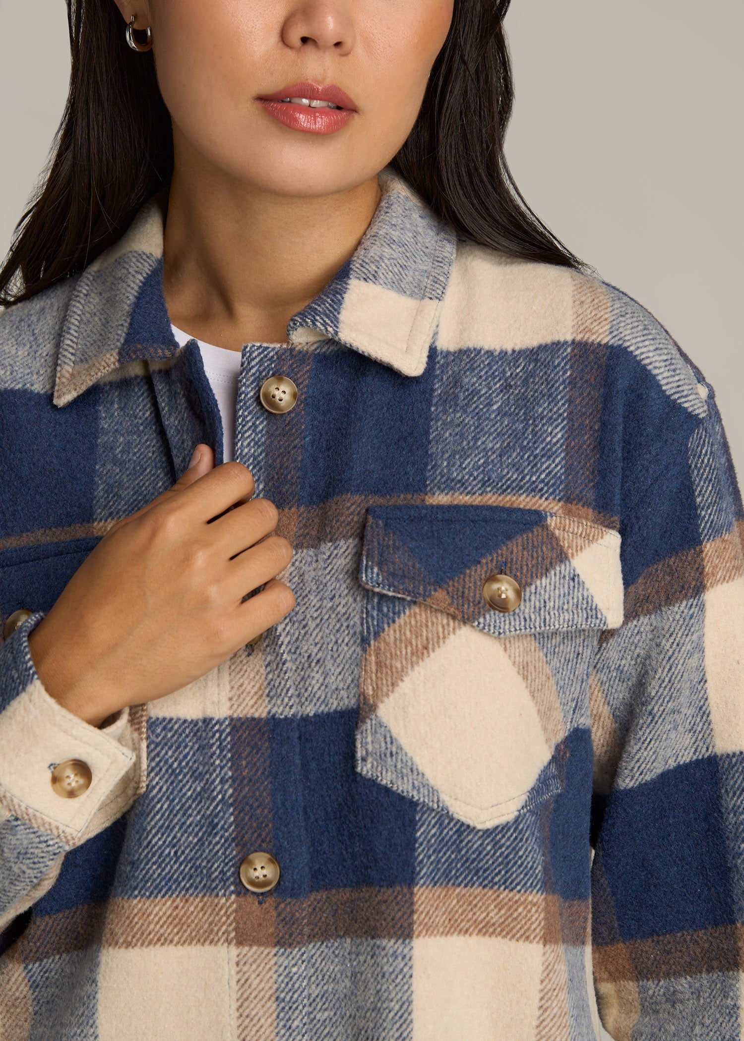 Flannel Shacket for Tall Women in Cream and Denim Blue Plaid