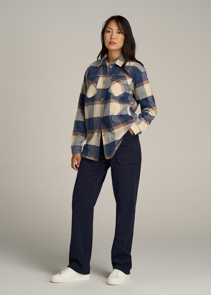 Flannel Shacket for Tall Women in Cream and Denim Blue Plaid