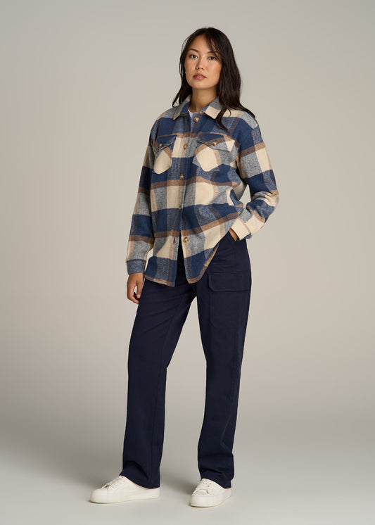 Flannel Women's Tall Shacket in Cream and Denim Blue Paid