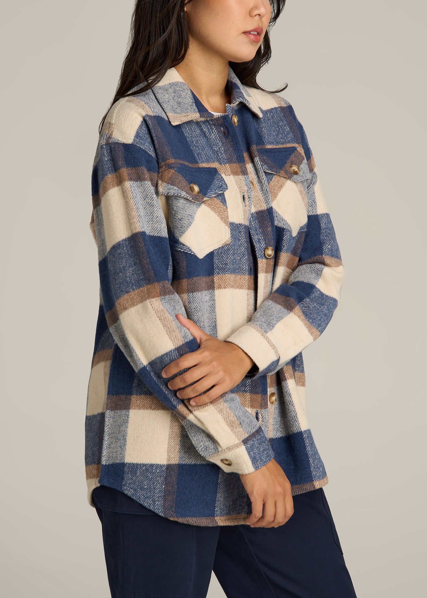 Flannel Women's Tall Shacket in Cream and Denim Blue Paid