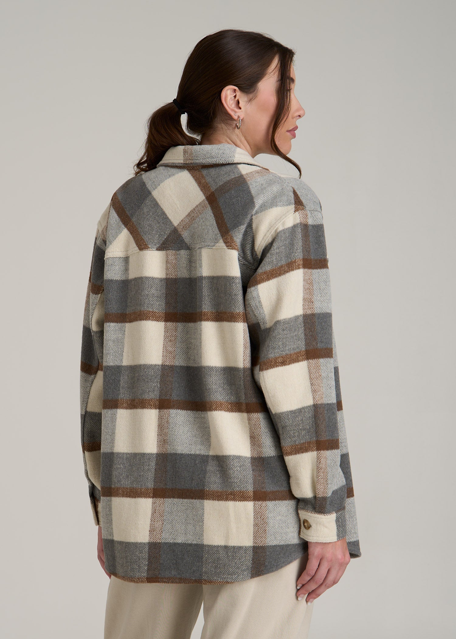 Flannel Shacket for Tall Women in Grey and Cream Plaid