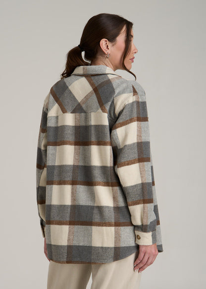 Flannel Shacket for Tall Women in Grey and Cream Plaid