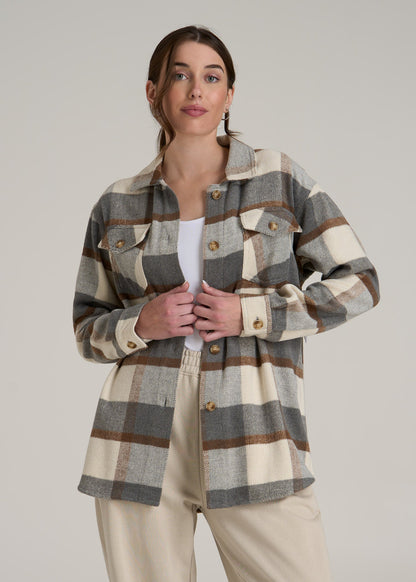 Flannel Shacket for Tall Women in Grey and Cream Plaid