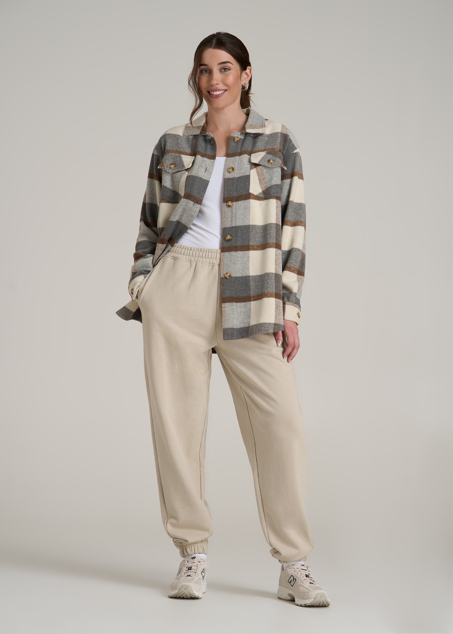 Flannel Shacket for Tall Women in Grey and Cream Plaid