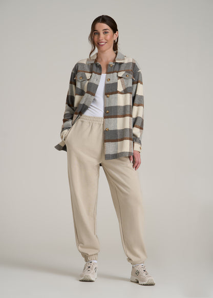 Flannel Shacket for Tall Women in Grey and Cream Plaid