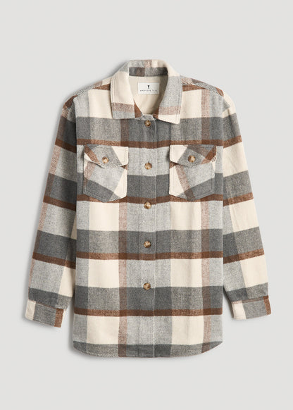Flannel Shacket for Tall Women in Grey and Cream Plaid