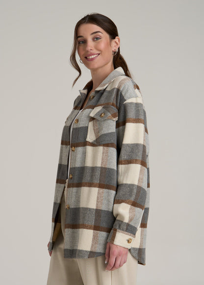 Flannel Shacket for Tall Women in Grey and Cream Plaid