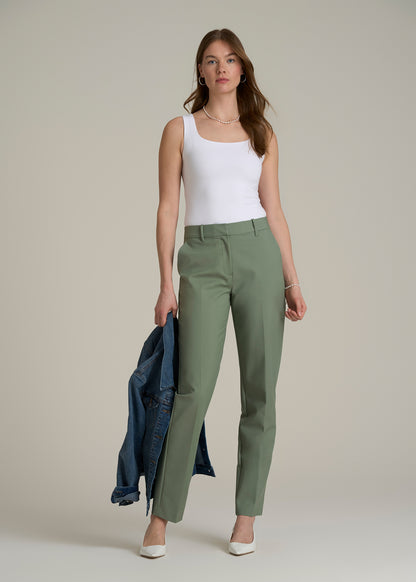Flat Front Tapered Dress Pants for Tall Women in Dark Seagrass