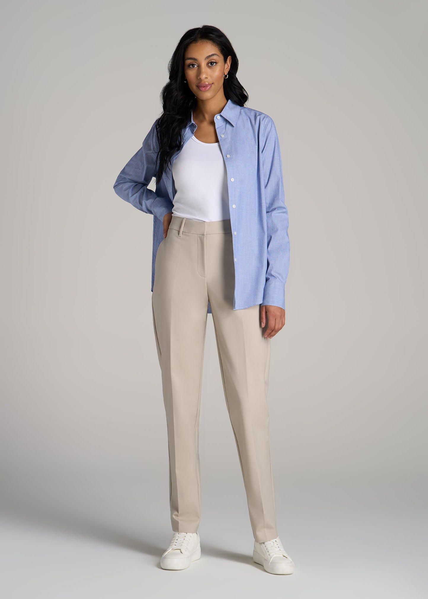 Flat Front Tapered Dress Pants for Tall Women in Stone