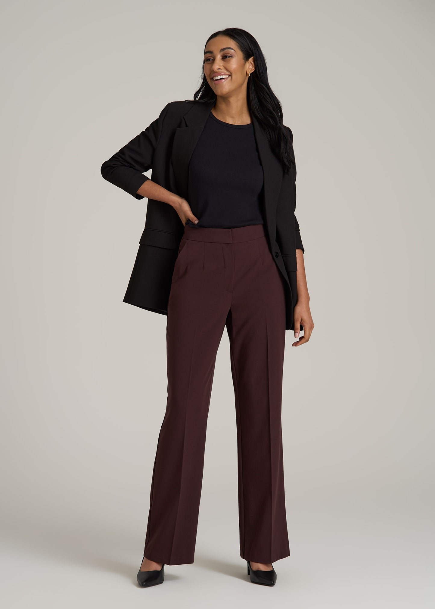 Flat Front Wide Leg Dress Pants for Tall Women in Oxblood