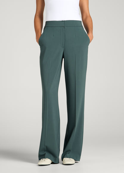 Flat Front Wide Leg Dress Pants for Tall Women in Balsam Green