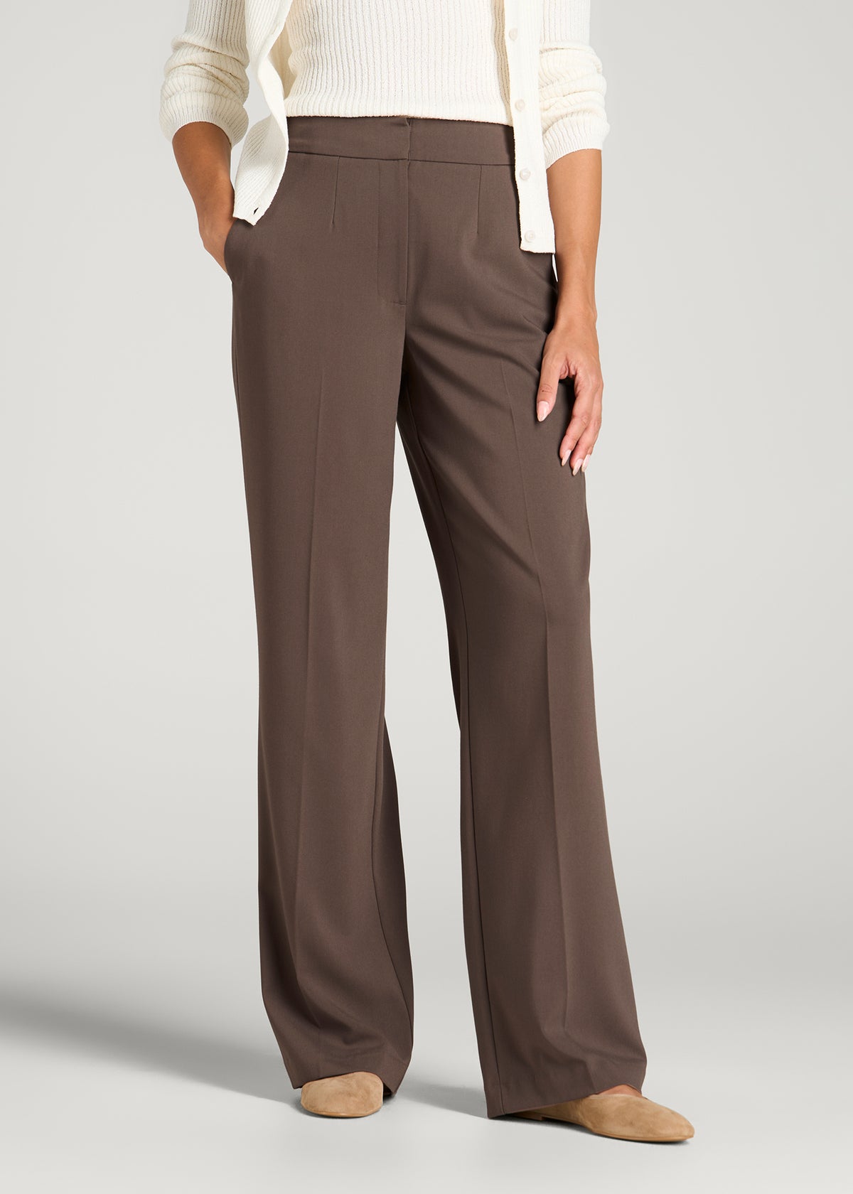 Flat Front Wide Leg Dress Pants for Tall Women in Coffee Quartz