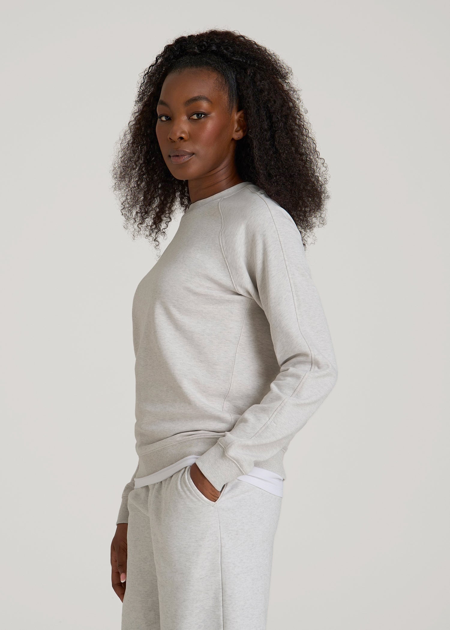 French Terry Crewneck Sweatshirt for Tall Women in Heather Cloud White