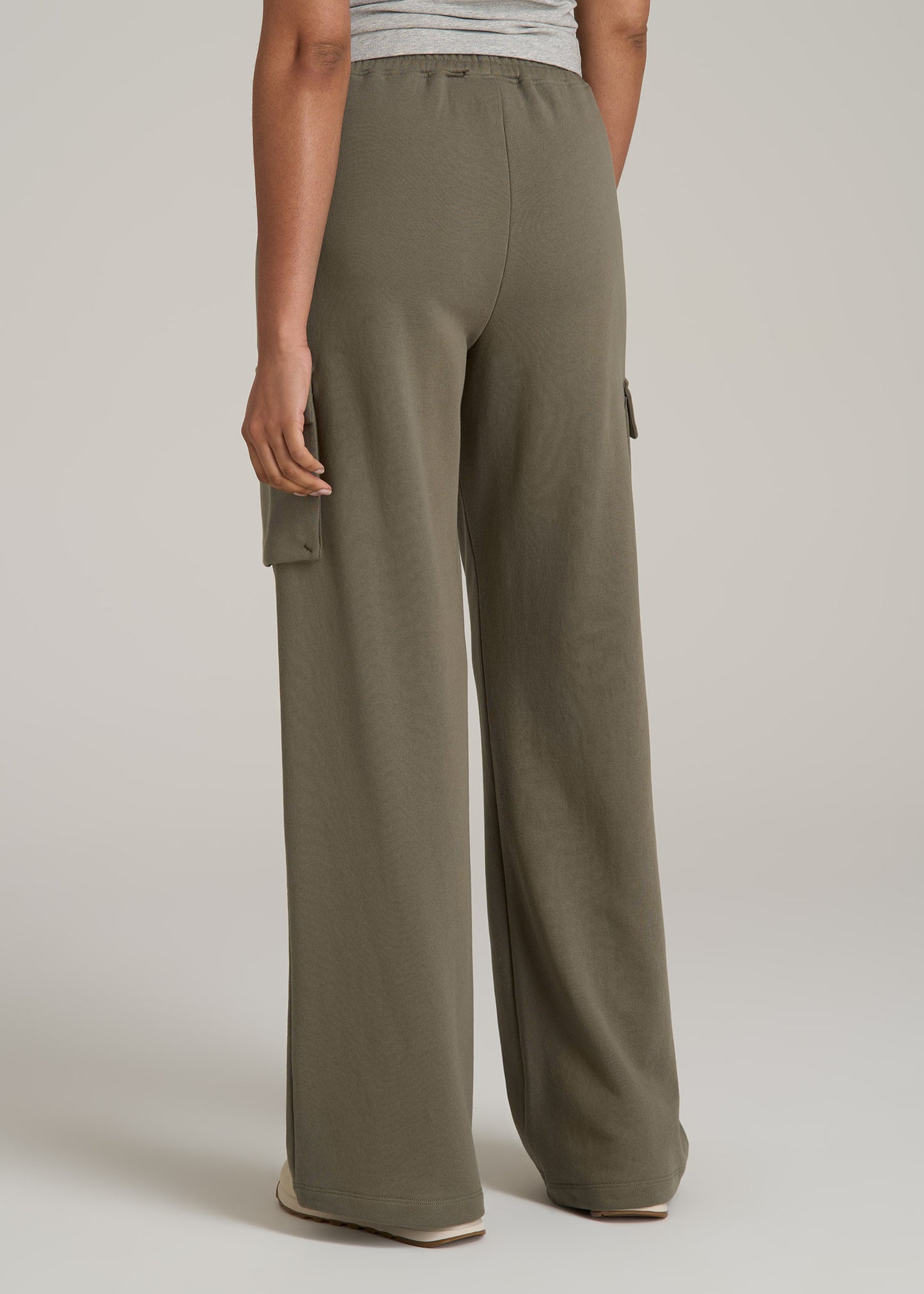 French Terry Wide Leg Cargo Sweatpants for Tall Women in Camper Green