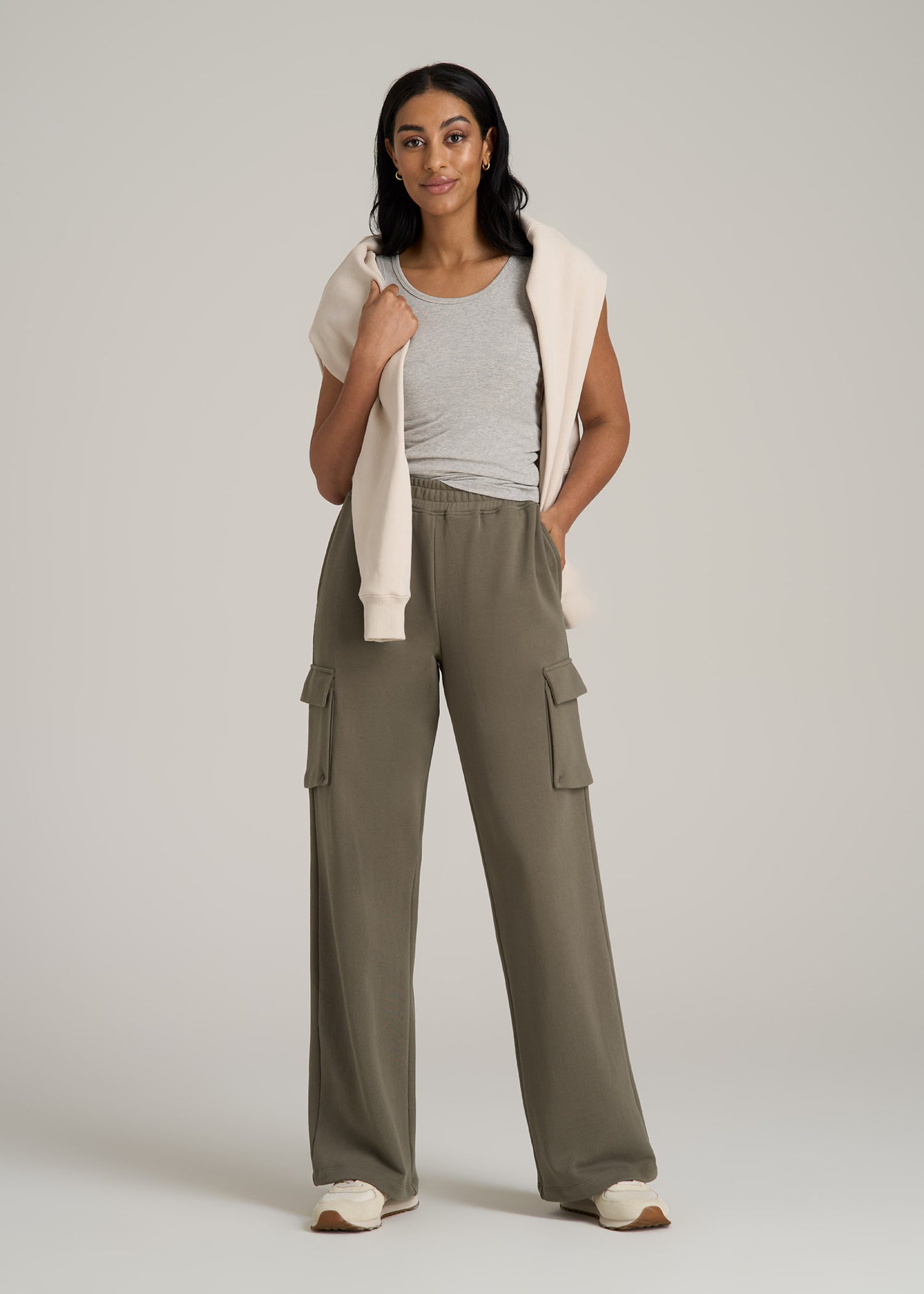 French Terry Wide Leg Cargo Sweatpants for Tall Women in Camper Green