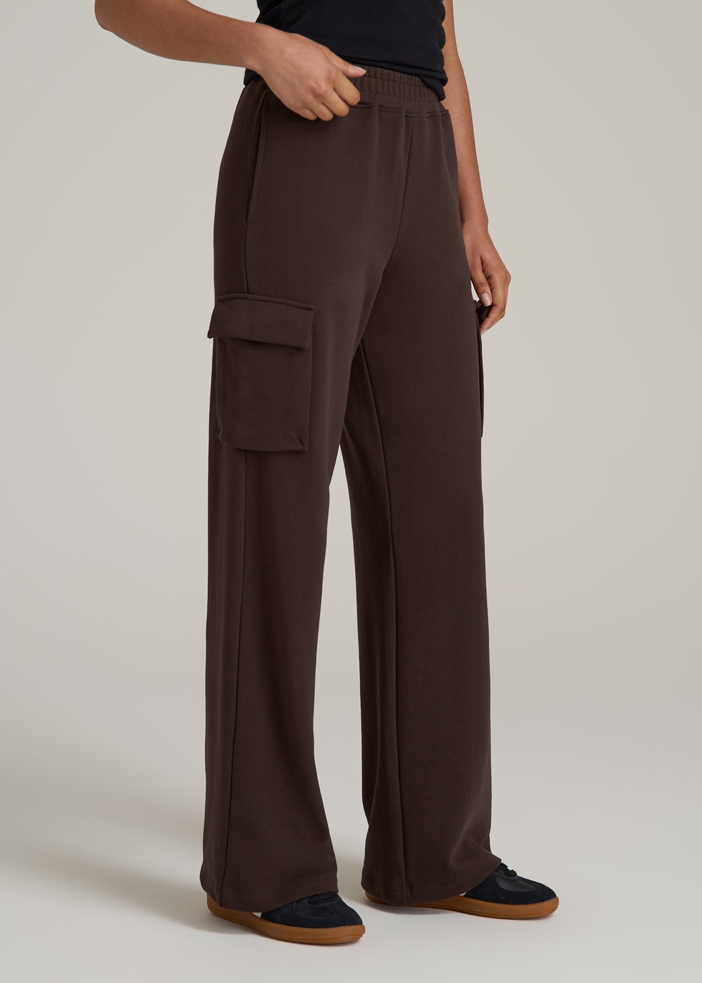 French Terry Wide Leg Cargo Sweatpants for Tall Women in Espresso