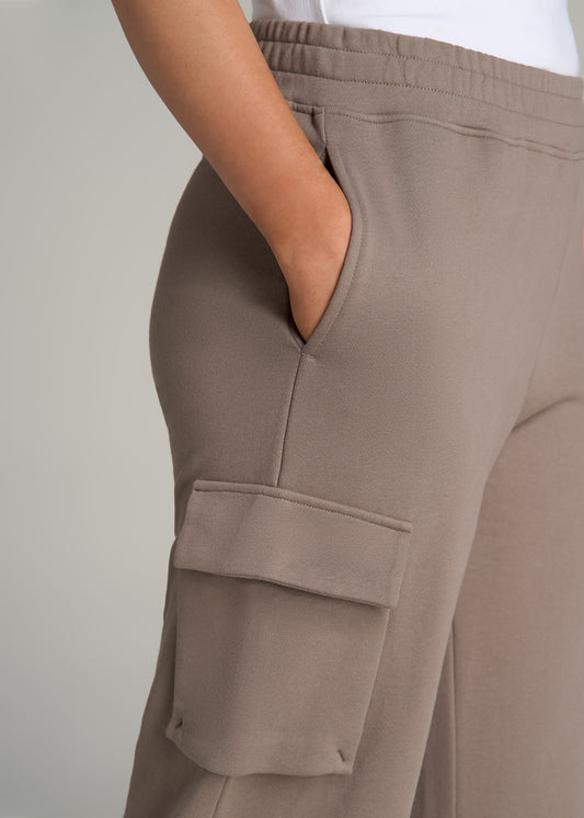 French Terry Wide Leg Cargo Sweatpants for Tall Women in Portobello