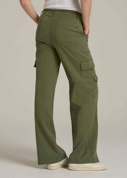 Garment Dyed Wide Leg Cargo Pants for Tall Women in Bright Olive