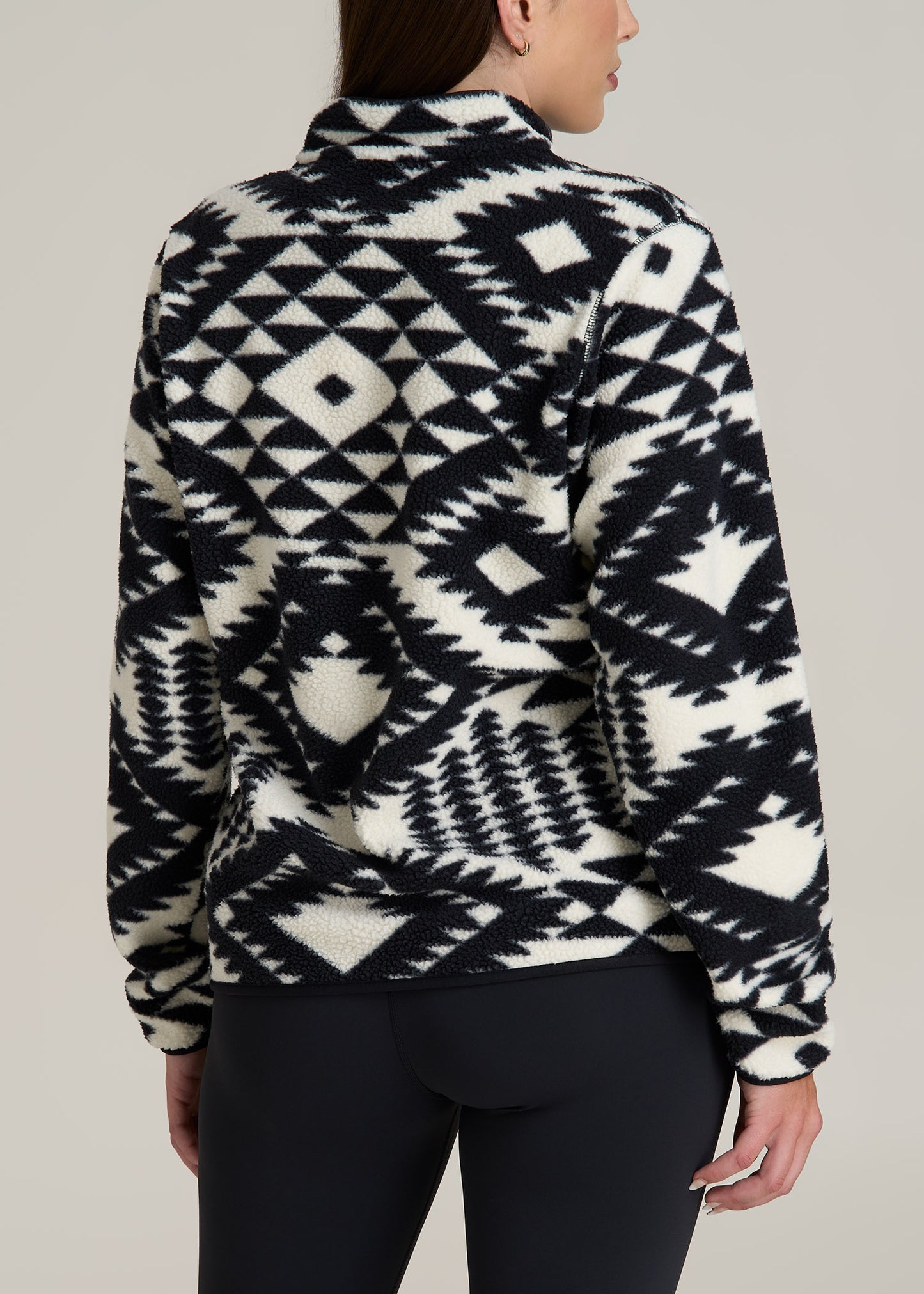 Half Snap Sherpa Sweatshirt for Tall Women in Black and White Geo Print