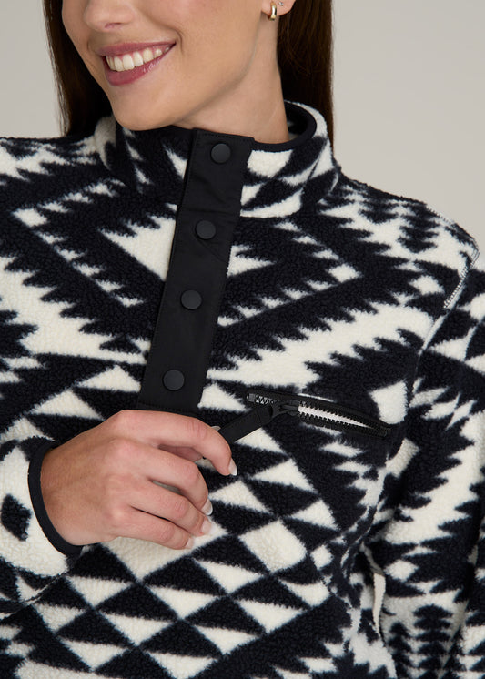 Half Snap Sherpa Sweatshirt for Tall Women in Black and White Geo Print