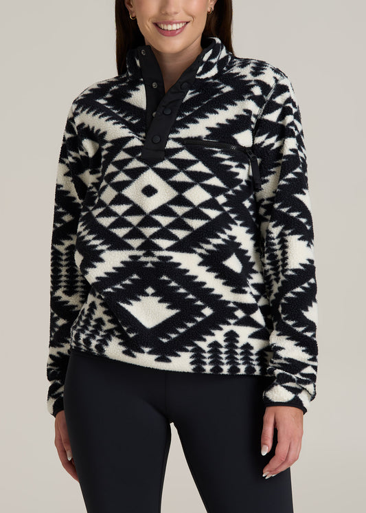 Half Snap Sherpa Sweatshirt for Tall Women in Black and White Geo Print