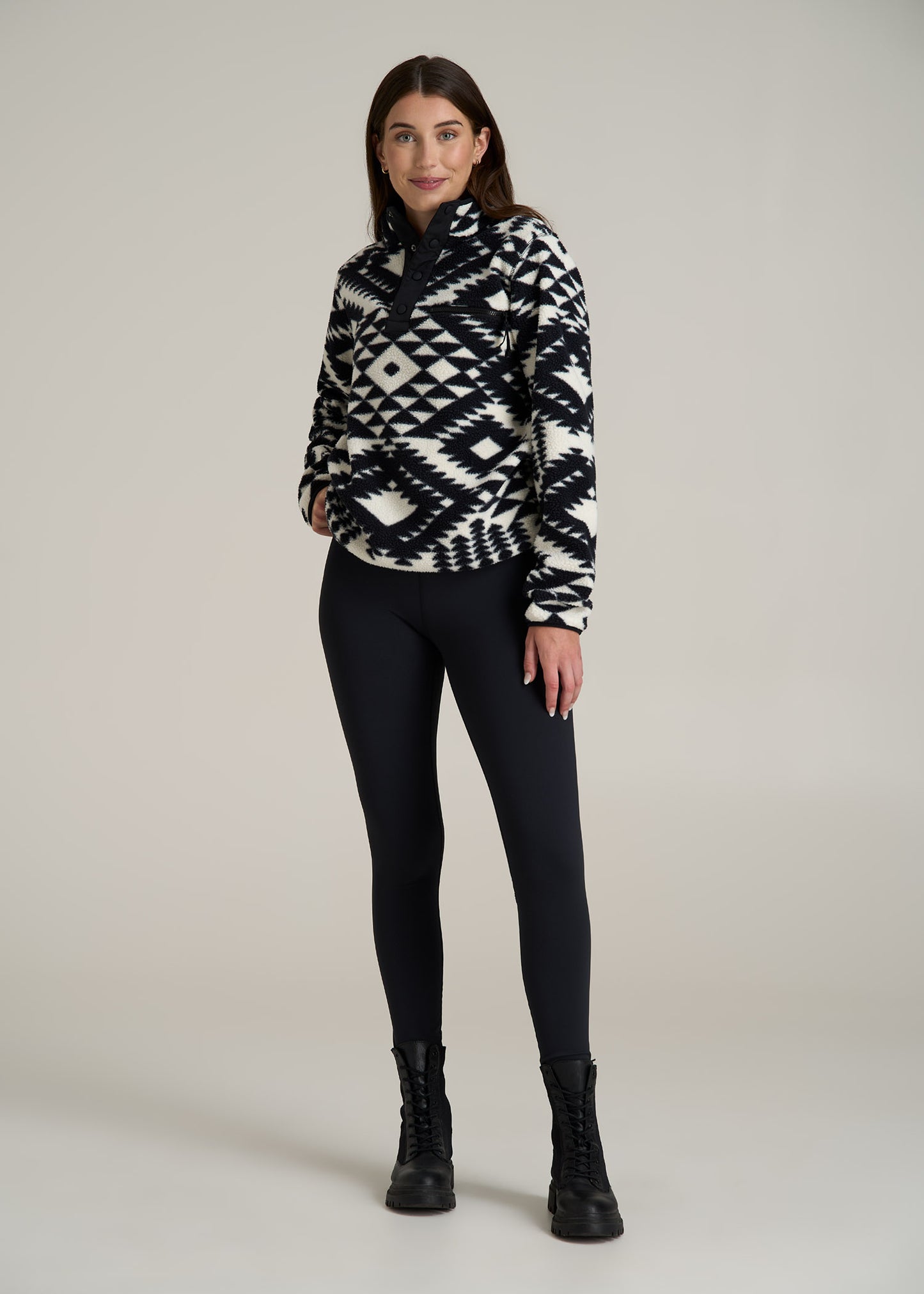 Half Snap Sherpa Sweatshirt for Tall Women in Black and White Geo Print