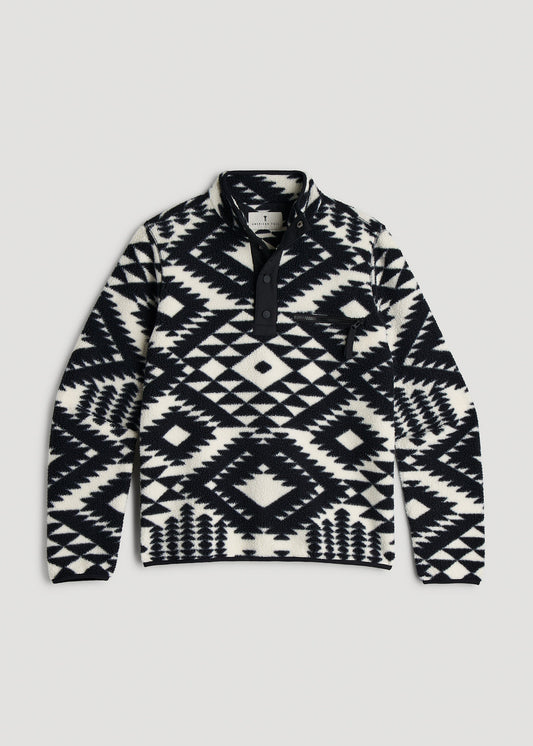 Half Snap Sherpa Sweatshirt for Tall Women in Black and White Geo Print