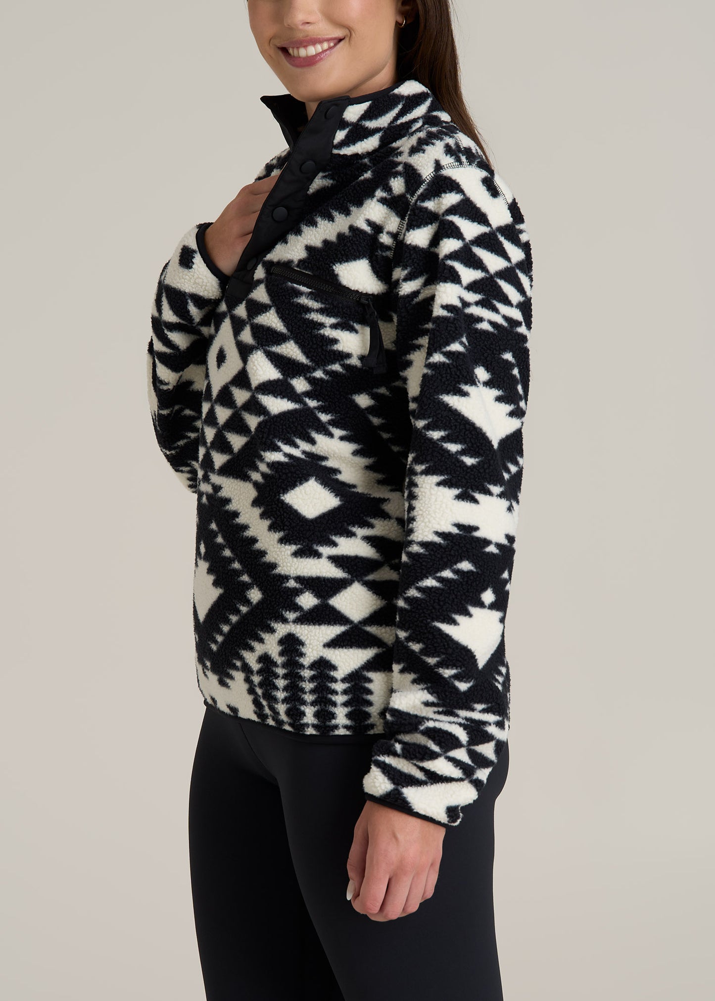 Half Snap Sherpa Sweatshirt for Tall Women in Black and White Geo Print