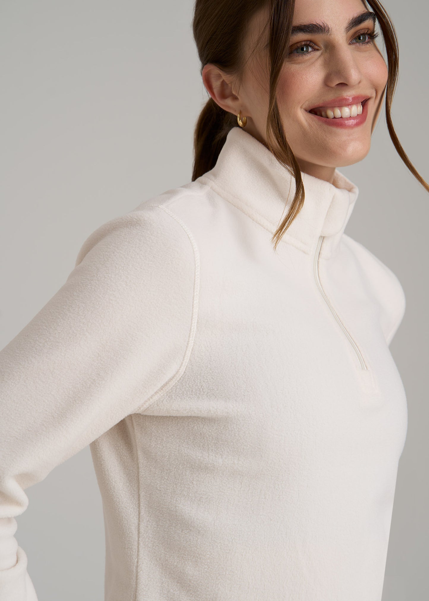 Half Zip Polar Fleece Pullover Sweater for Tall Women in White Alyssum