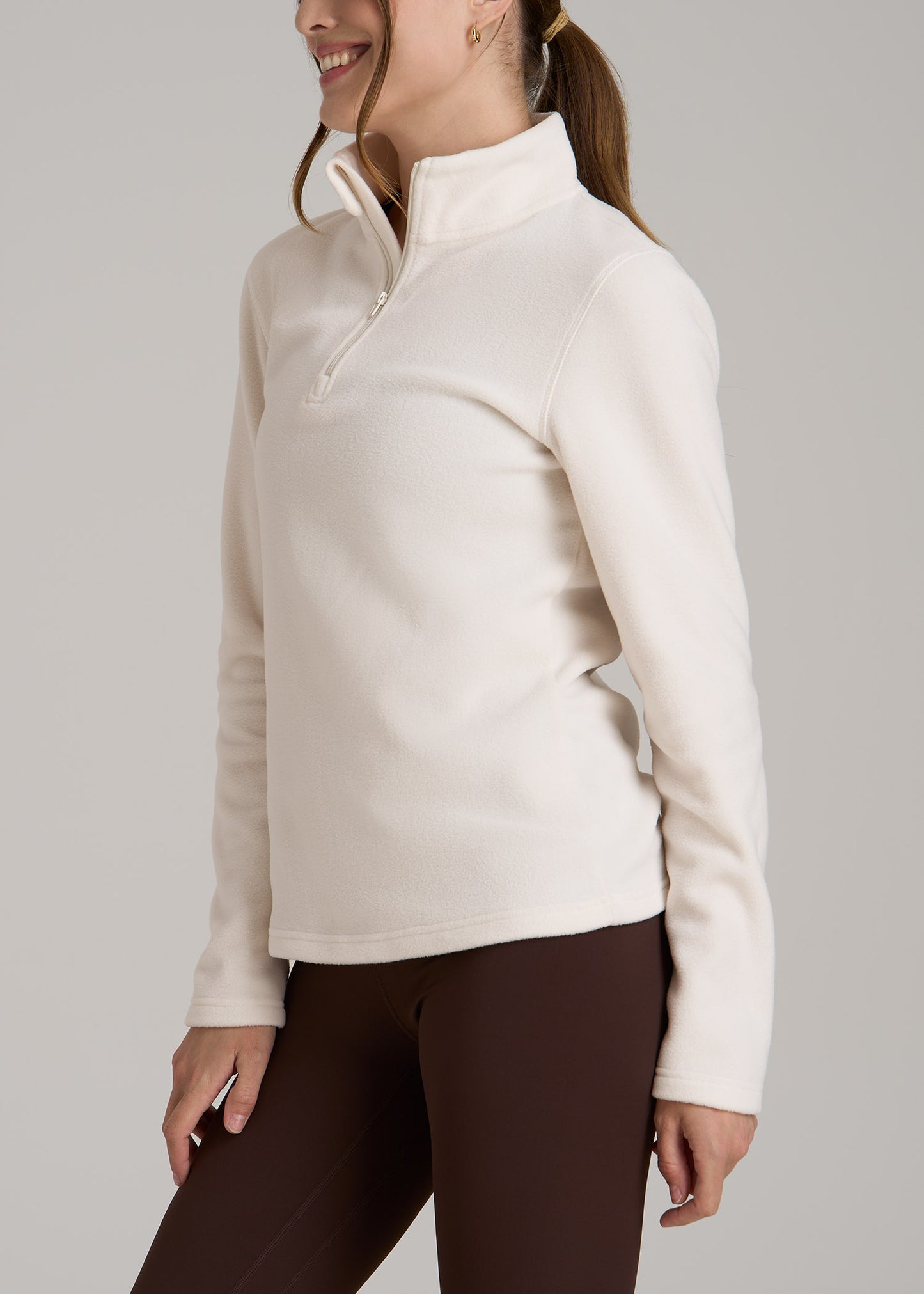 Half Zip Polar Fleece Pullover Sweater for Tall Women in White Alyssum