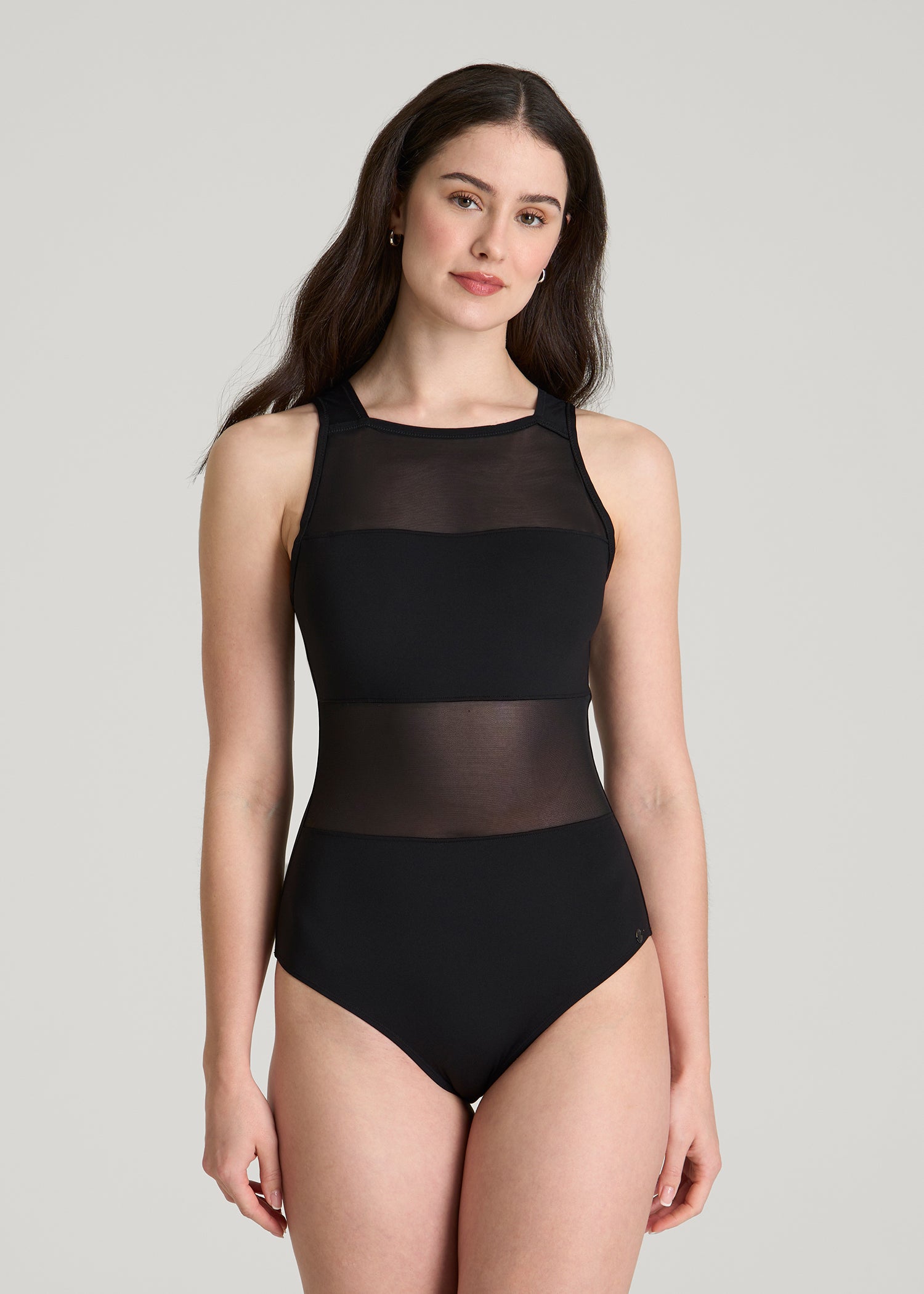 High Neck Mesh One Piece Swimsuit for Tall Women in Deep Black