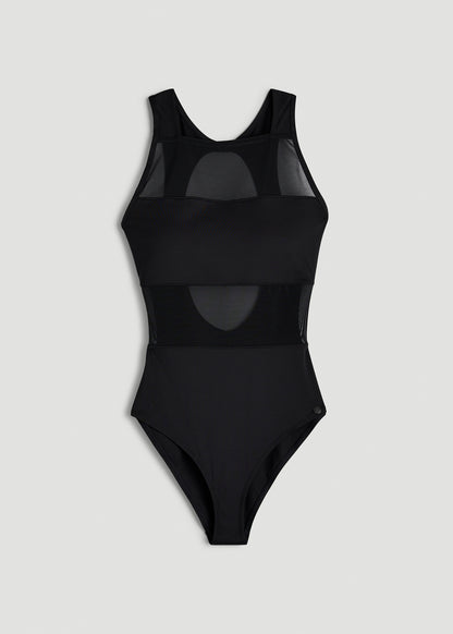 High Neck Mesh One Piece Swimsuit for Tall Women in Deep Black