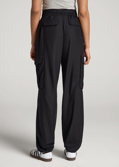 High Rise Cargo Parachute Pants for Tall Women in Black