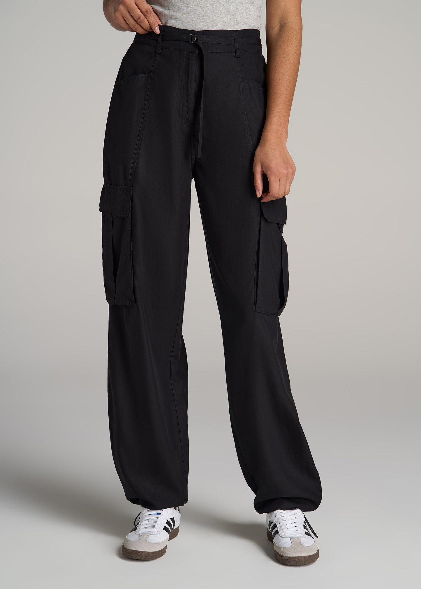 High Rise Cargo Parachute Pants for Tall Women in Black