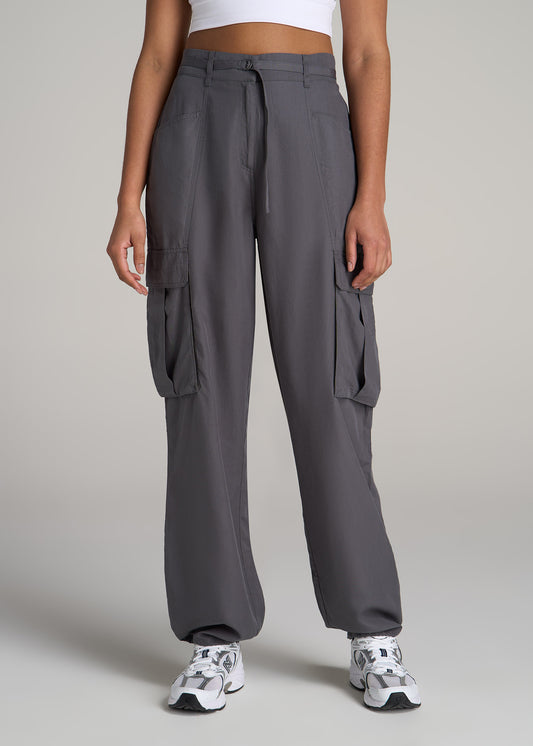 High Rise Cargo Parachute Pants for Tall Women in Slate