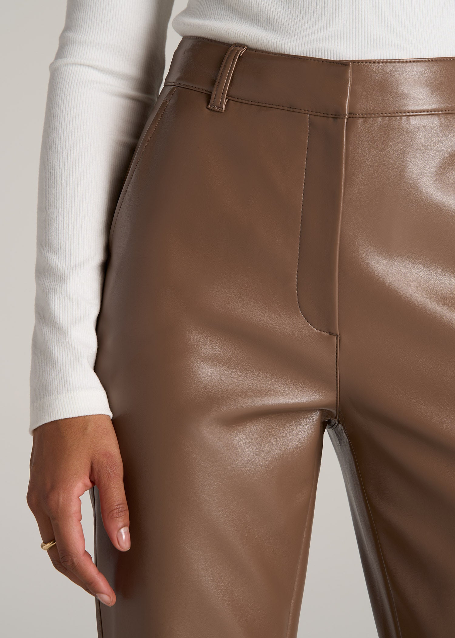 FLARED FAUX LEATHER TROUSERS, Brown