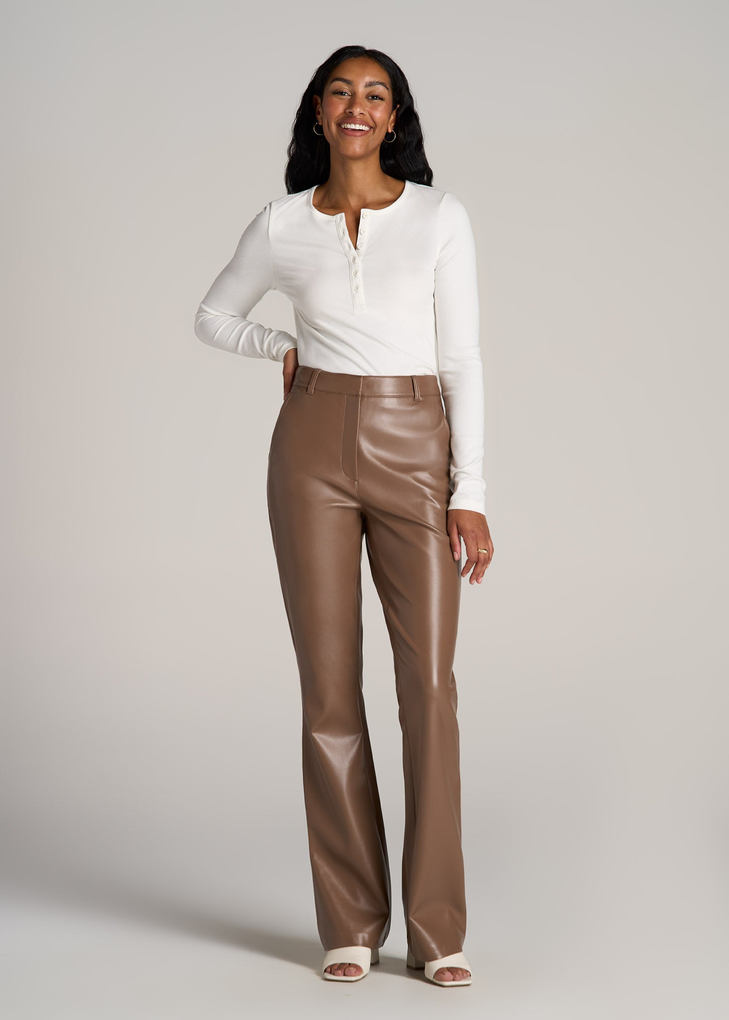 High Rise Flare Faux Leather Pants for Tall Women in Black