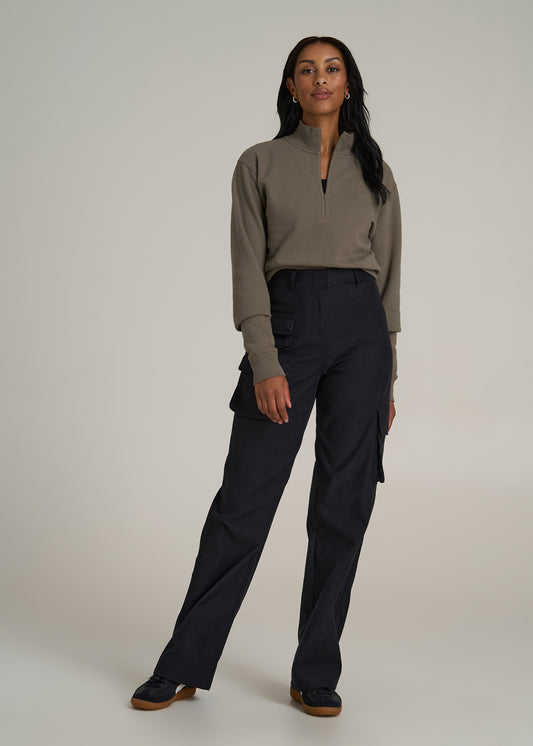 High-Waist Flat Front Cargo Pants for Tall Women in Black