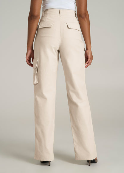 High-Waist Flat Front Cargo Pants for Tall Women in Stone