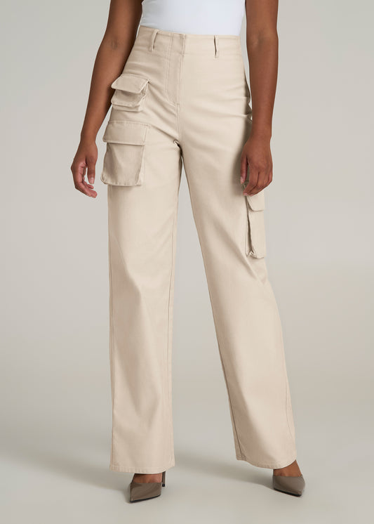 High-Waist Flat Front Cargo Pants for Tall Women in Stone