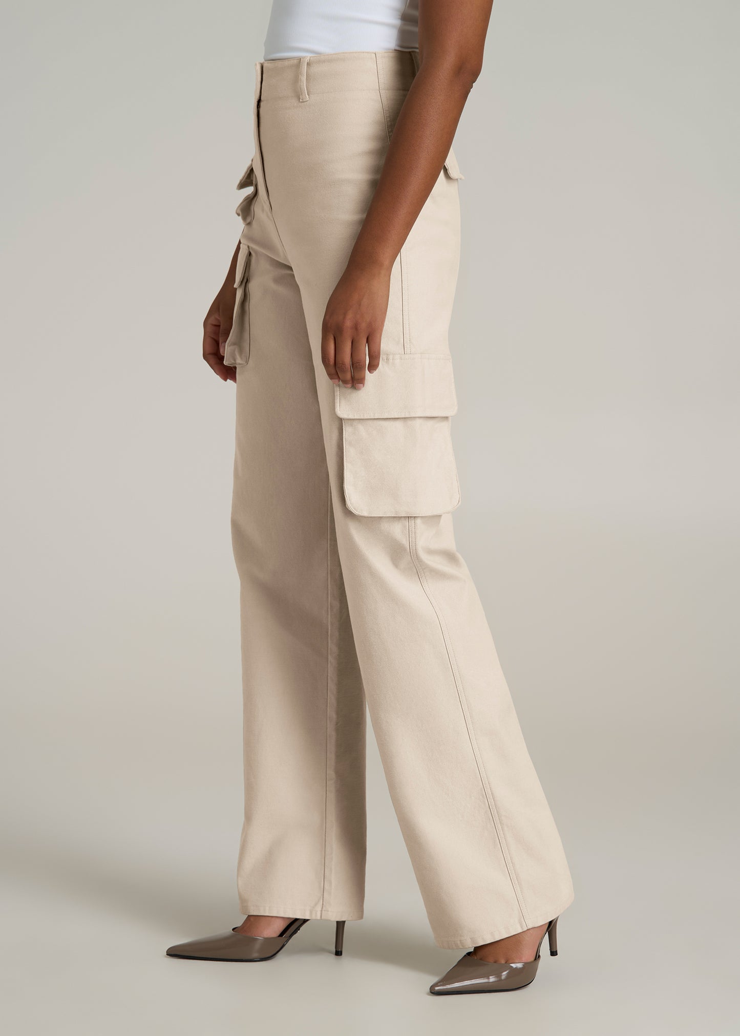 High-Waist Flat Front Cargo Pants for Tall Women in Stone