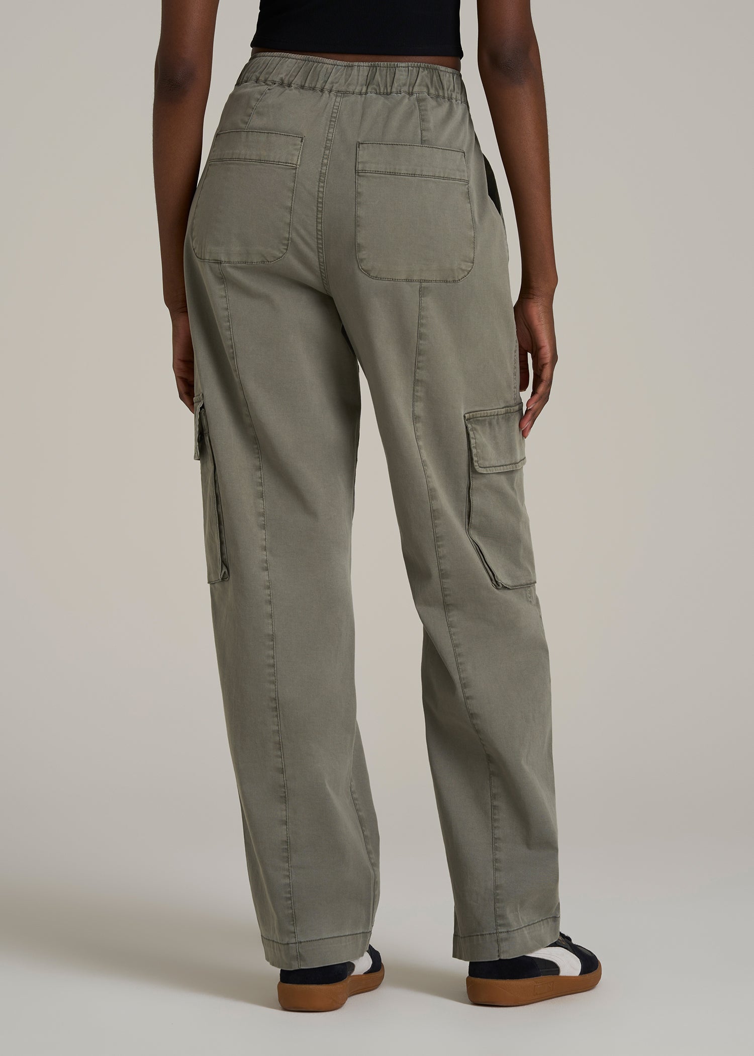 High Rise Garment Dyed Baggy Cargo Pants for Tall Women in Camper Green