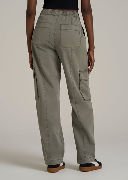 High Rise Garment Dyed Baggy Cargo Pants for Tall Women in Camper Green