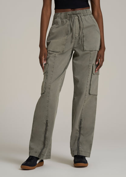 High Rise Garment Dyed Baggy Cargo Pants for Tall Women in Camper Green