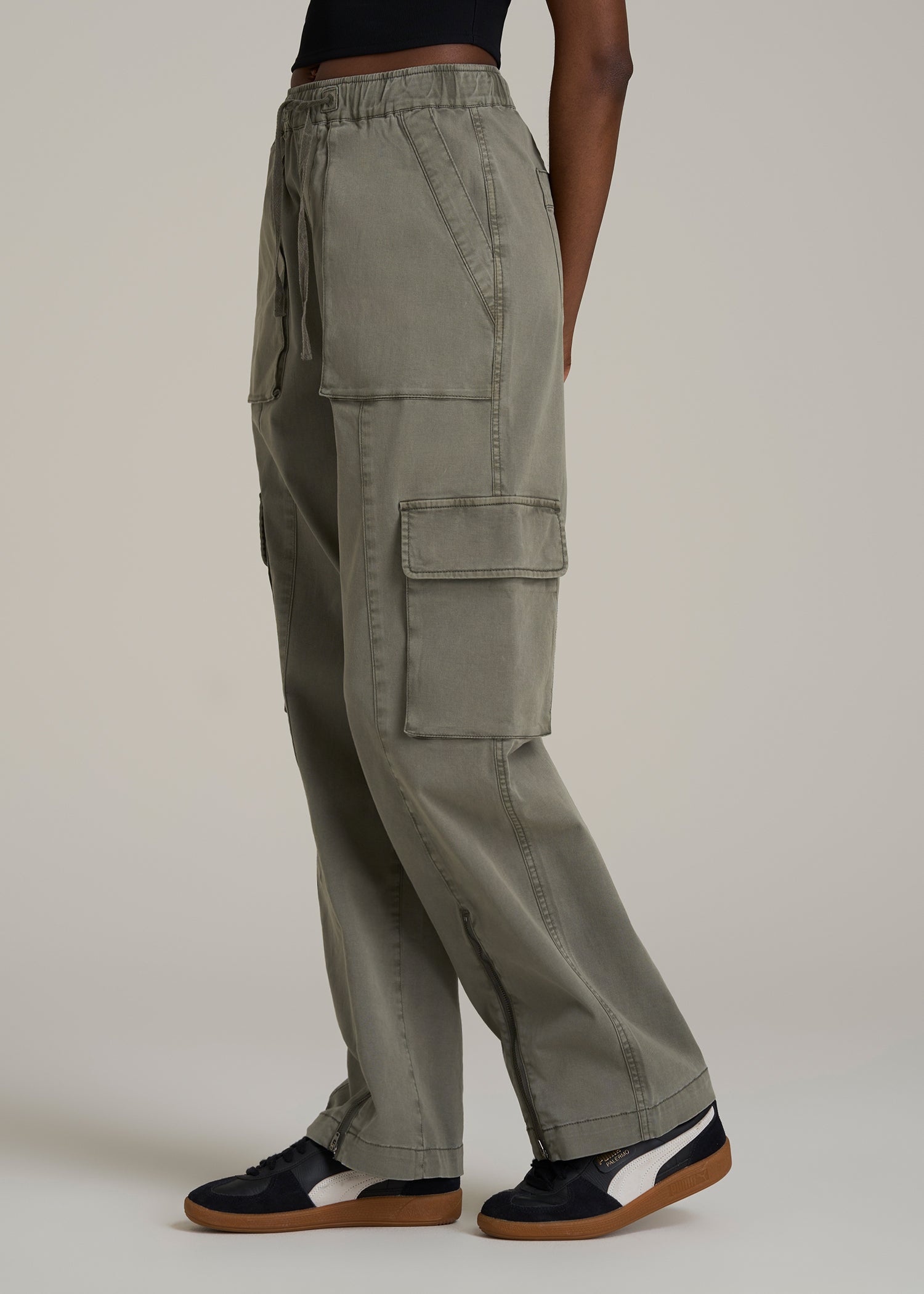 High Rise Garment Dyed Baggy Cargo Pants for Tall Women in Camper Green