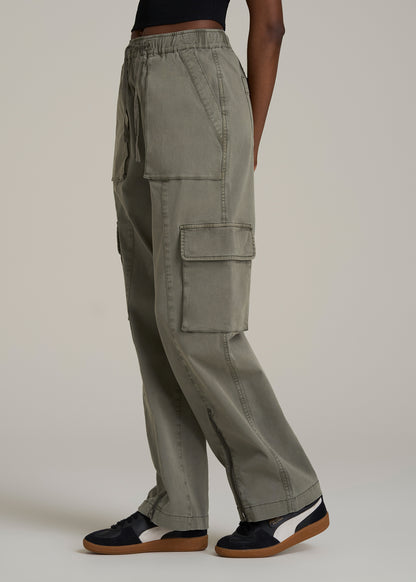 High Rise Garment Dyed Baggy Cargo Pants for Tall Women in Camper Green