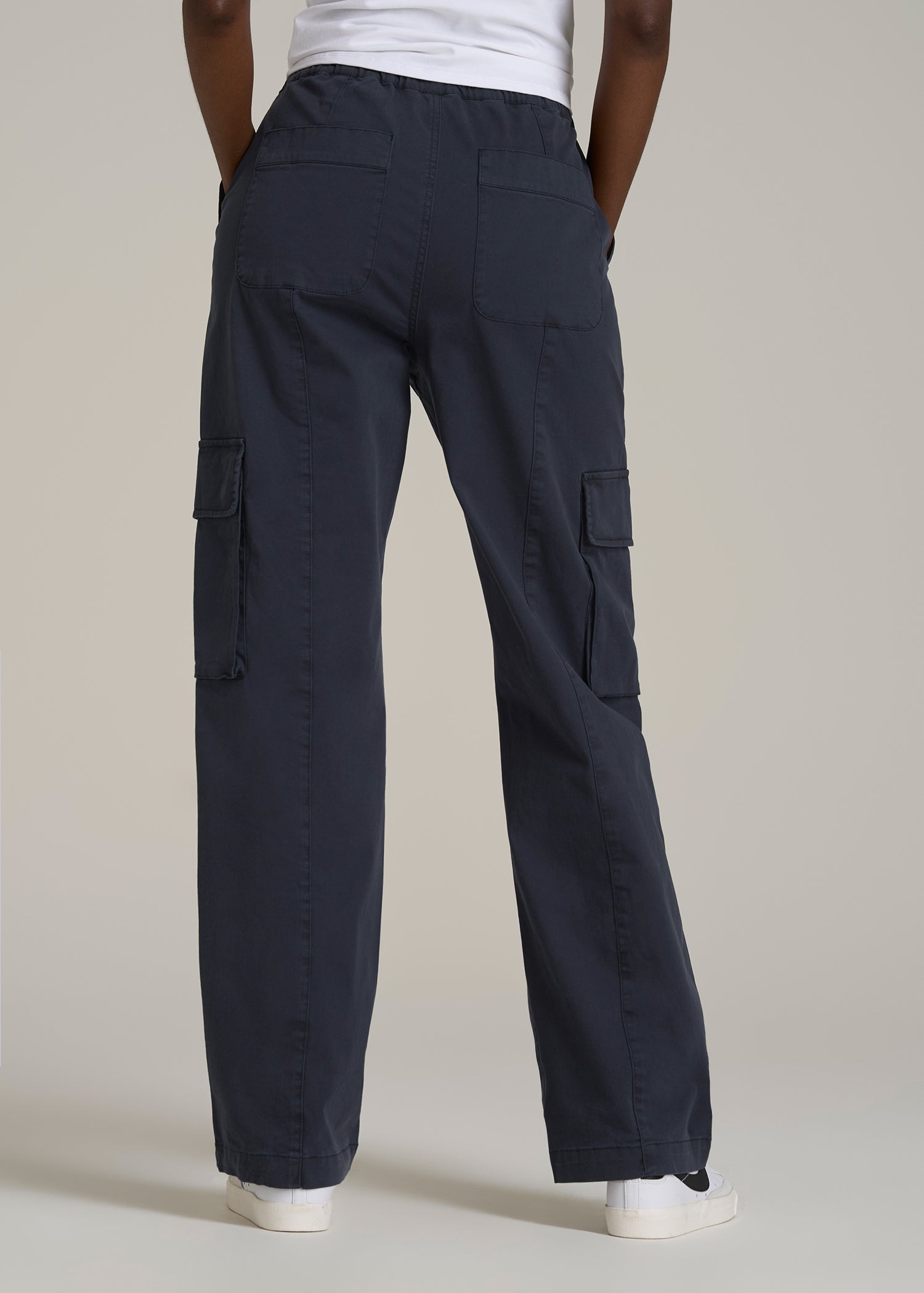 High Rise Garment Dyed Baggy Cargo Pants for Tall Women in Deep Navy