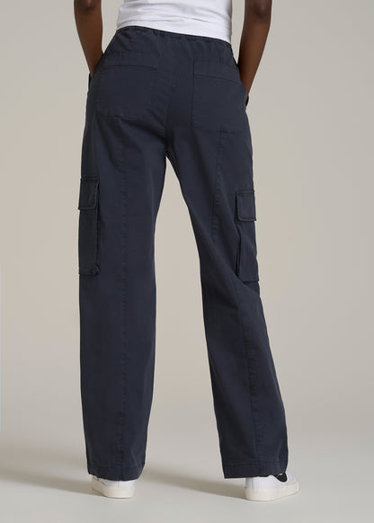 High Rise Garment Dyed Baggy Cargo Pants for Tall Women in Deep Navy