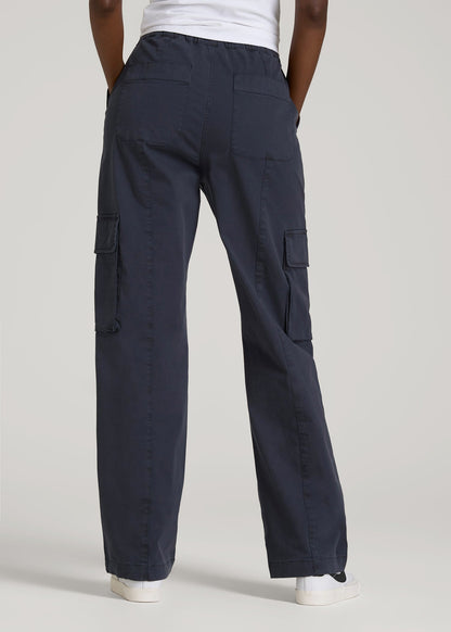 High Rise Garment Dyed Baggy Cargo Pants for Tall Women in Deep Navy